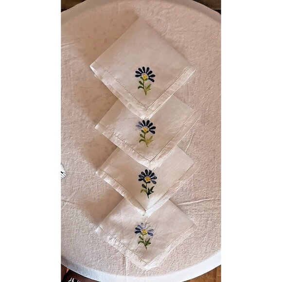 VTG Embroidered Sheer Table Cover 4 Matching Beverage Napkins Blue Green Floral - Picture 5 of 16